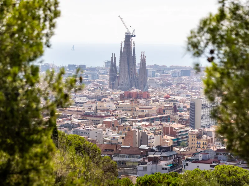 Sagrada Família and its cranes rising above the city, framed by pine trees.
