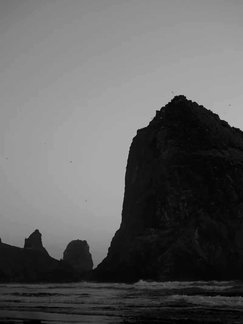 Haystack Rock and smaller sea stacks in black and white.