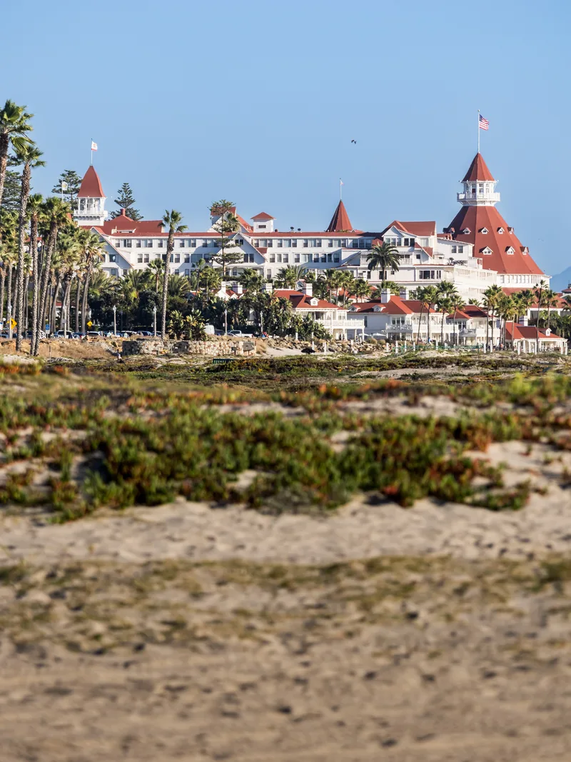 Hotel del Coronado's red roofs beyond dunes and beach grass.