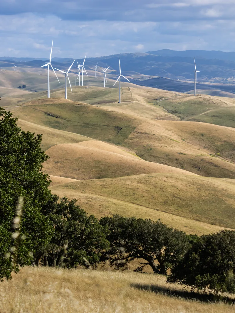 Wind turbines along ridges of rolling golden hills.