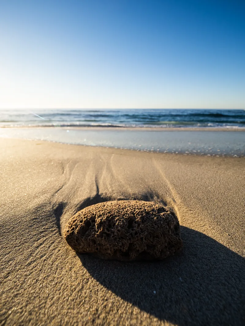A single rock on smooth wet sand with the ocean beyond.