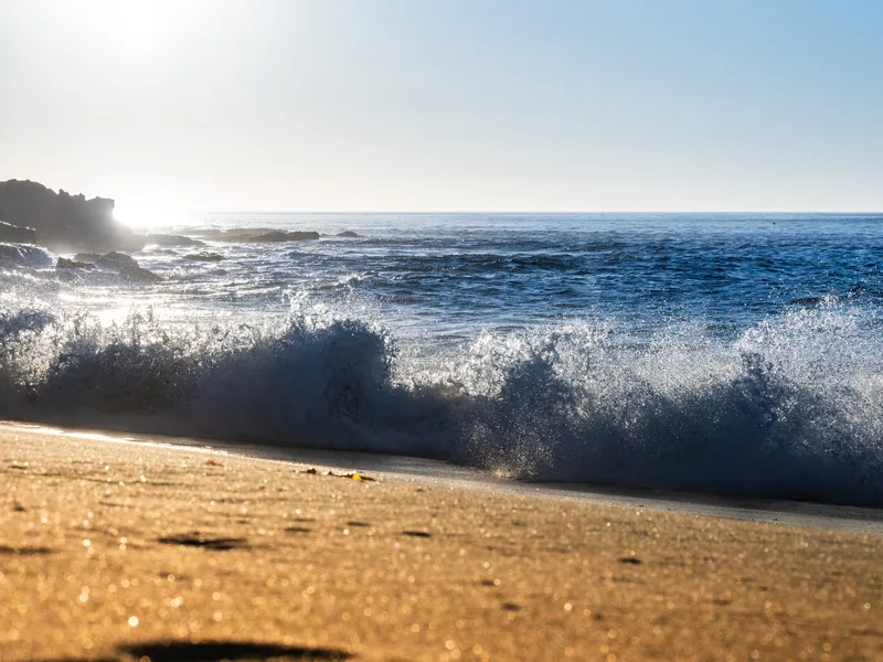 A wave breaking on the sand in bright afternoon light.