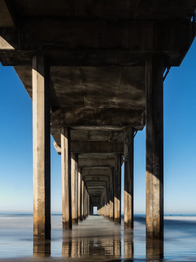Looking down the long row of pilings beneath Scripps Pier.