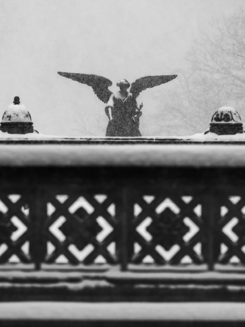 The Angel of the Waters statue beyond the carved railing of Bethesda Terrace in snow.