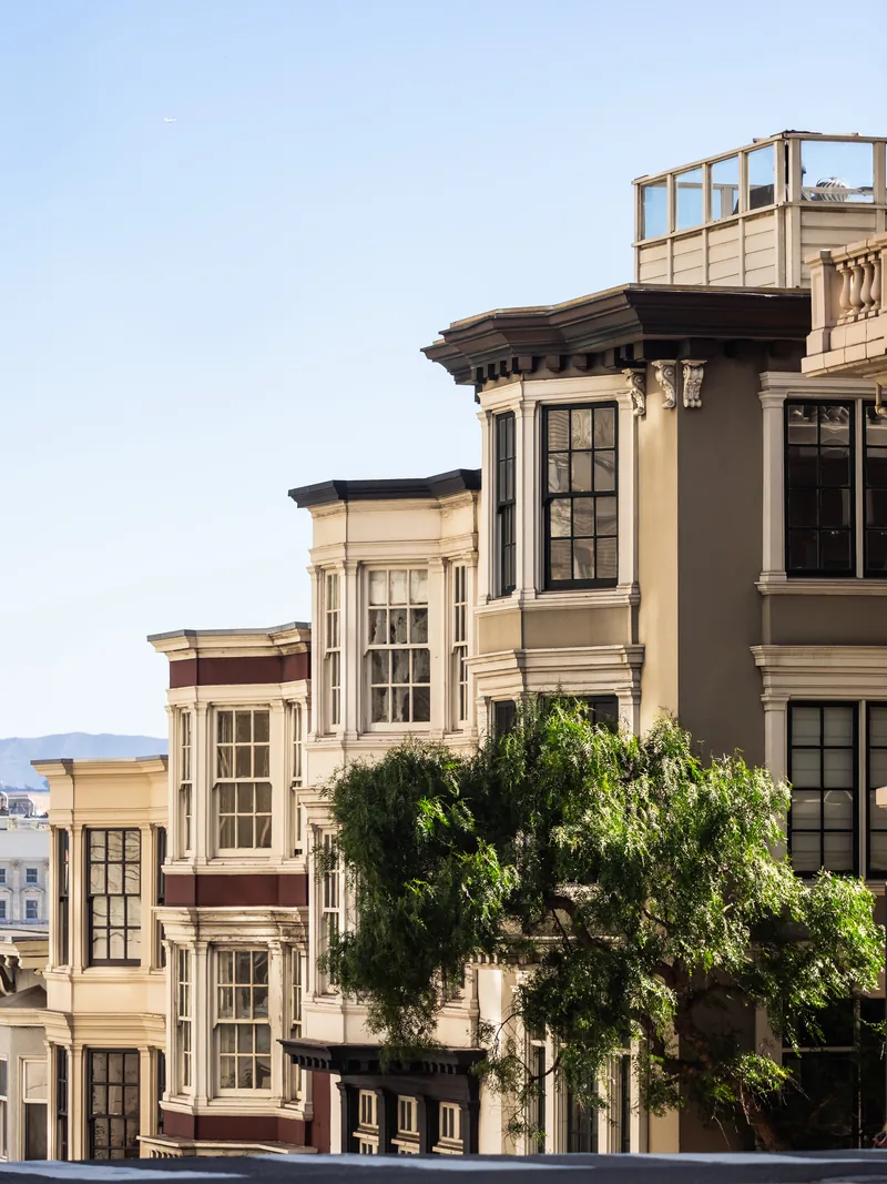 Victorian houses stacked up a steep street in warm afternoon light.
