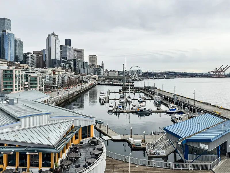 Seattle's waterfront and marina from above, with the skyline and Great Wheel in the distance.