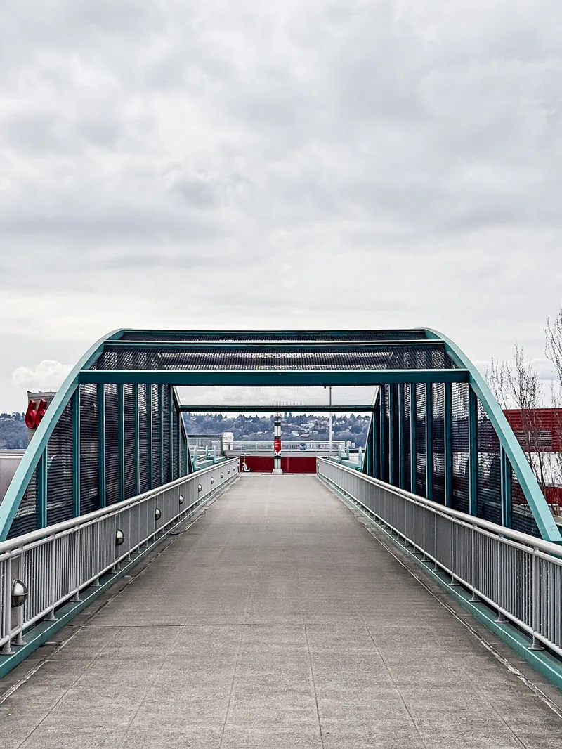 A covered pedestrian bridge with green arched railings leading toward the water.
